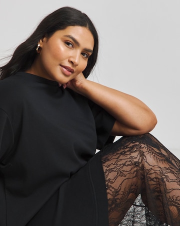 Black 2 in 1 T-Shirt Dress With Lace Midi Skirt