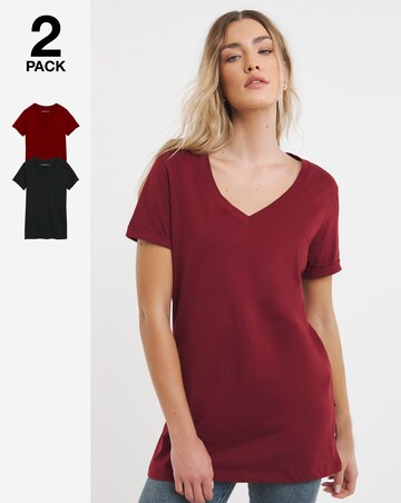 Black & Burgundy Pack 2 V Neck Longline T-Shirts