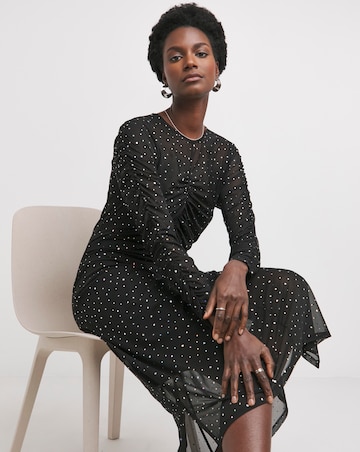 Sequin Mesh Ruched Midi Dress