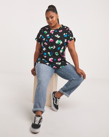 Black Animal Print Dip Back Boxy Top With Roll Sleeve