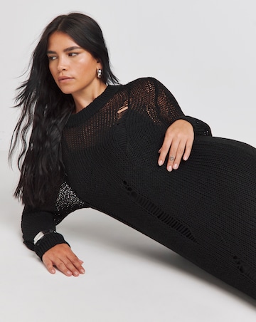 Black Crew Neck Ladder Knitted Dress