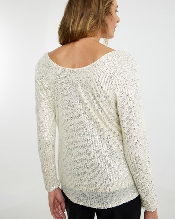Sequin Slash Cowl Neck Long Sleeve Top