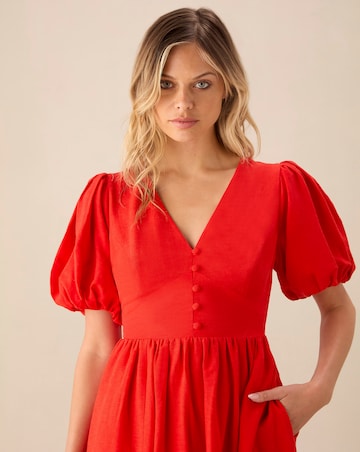 Ro&Zo Linen Blend Puff Sleeve V Neck Midi Dress