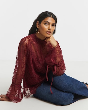 Burgundy Eyelash Lace Top With Sleeve Detail