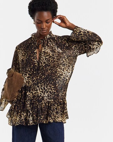 Womens Asymmetric Frill Long Sleeve Blouse - Blue Abstract