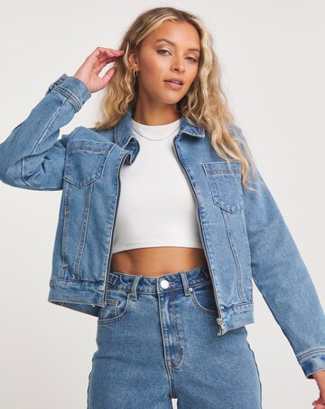 Zip Front Bright Blue Denim Jacket