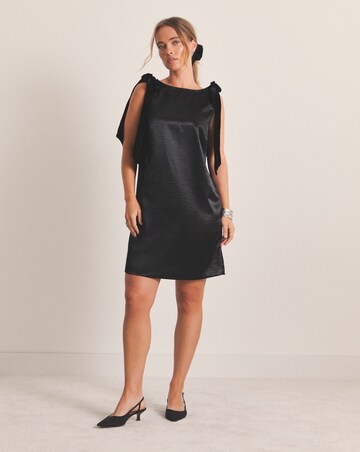 Black Satin Shift Dress With Bow Straps