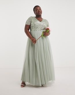 Maya Curve V-Neck Sequin Embellished Tulle Maxi Dress