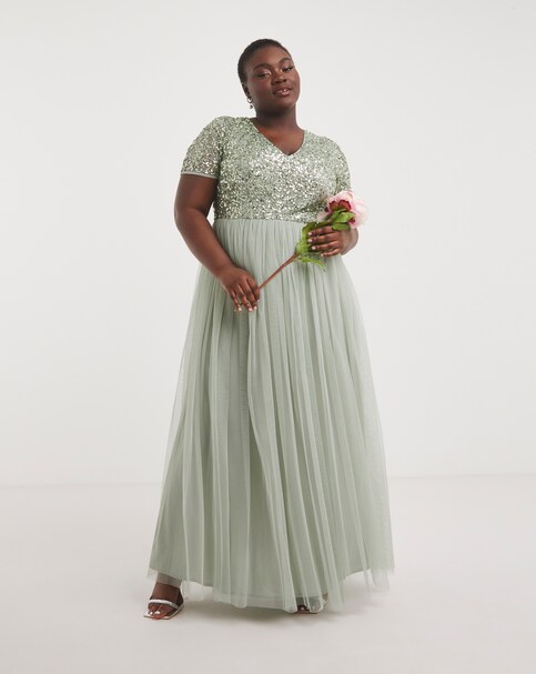 Maya Curve V-Neck Sequin Embellished Tulle Maxi Dress