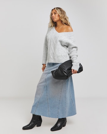 Grey Marl V Neck Cable Knit Jumper