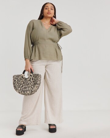 Simply Be Khaki Plunge Elasticted Waist Long Sleeve Blouse