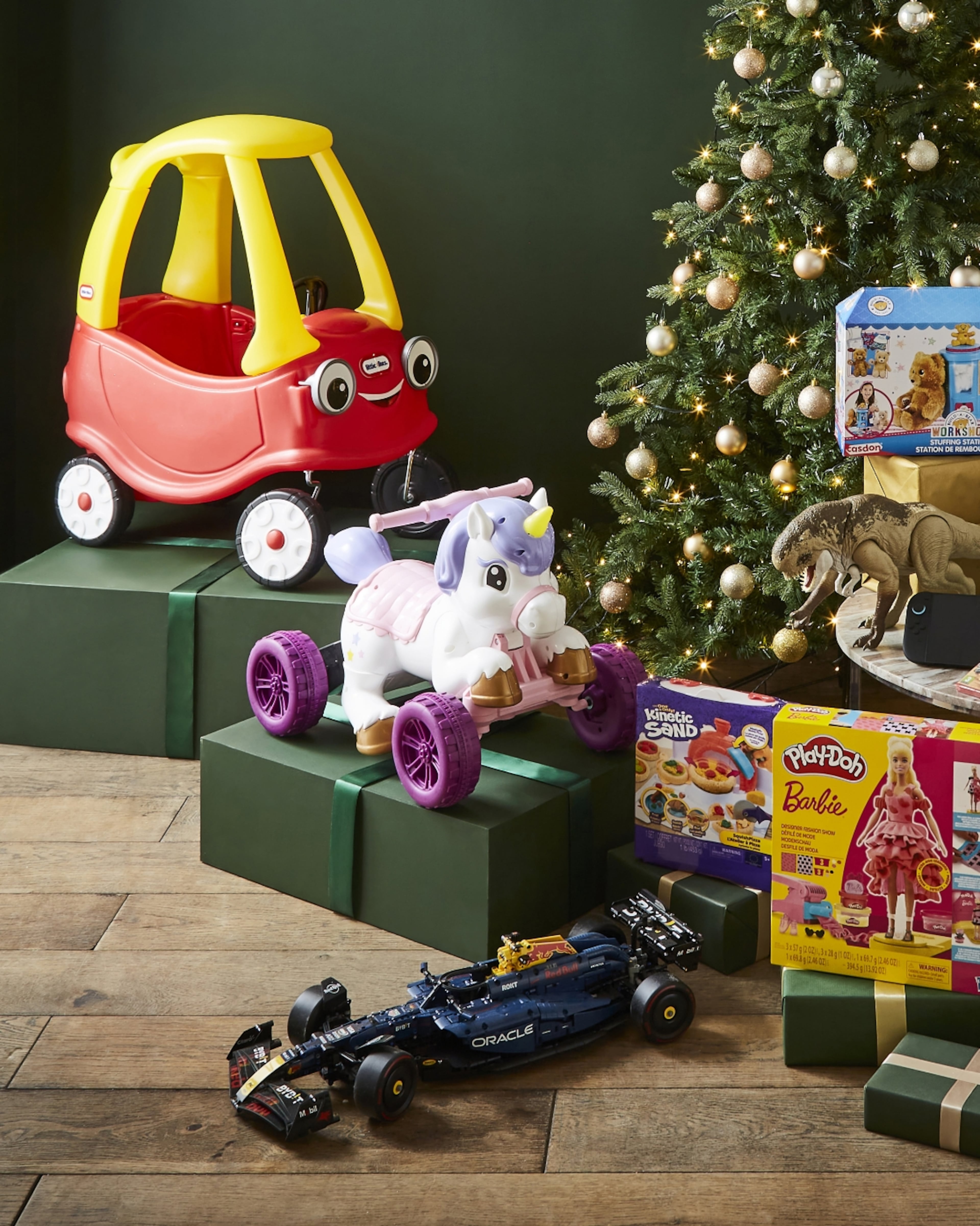 Festive Family Room With Christmas Tree, Gifts, and Colorful Toys Including Ride-On Unicorn and Race Car