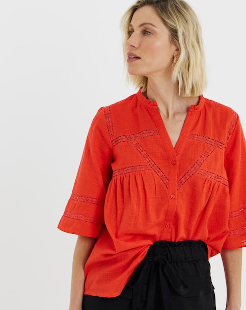 Pure Cotton Dobby Trim Short Sleeve Blouse