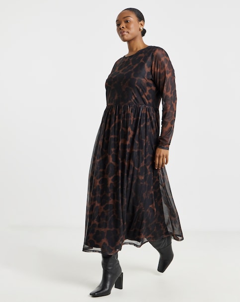 Leopard Print Long Sleeve Mesh Midi Dress