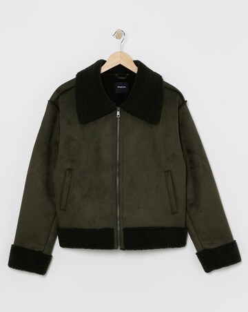 Khaki Zip Through Suedette Aviator