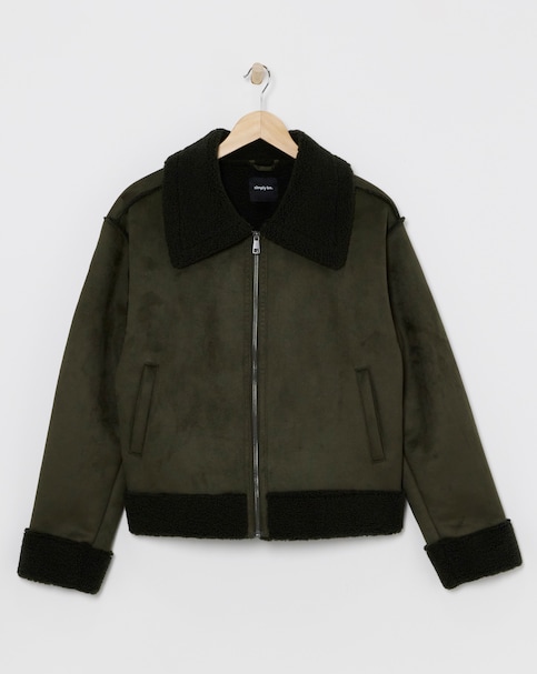 Khaki Zip Through Suedette Aviator