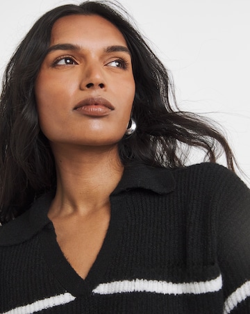 Cosy Yarn Black & Ivory Stripe V-Neck Collared Jumper