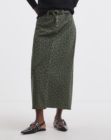 Simply Be Olive Leopard Denim Midaxi Skirt