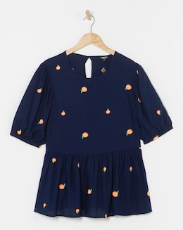 Navy Blue Embroidered Peach Peplum Blouse