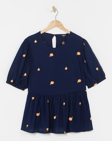 Simply Be Navy Blue Embroidered Peach Peplum Blouse