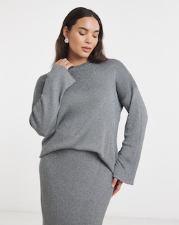 Gunmetal Metallic Rib Fluted Sleeve Jumper