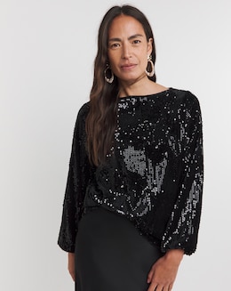 Sequin Velvet Slash Neck Volume Sleeve Top