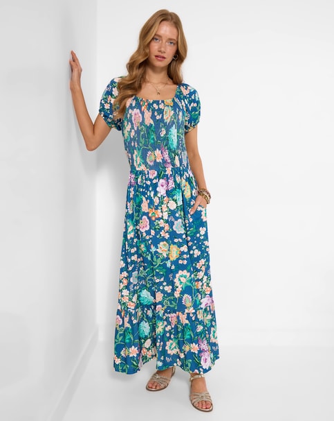 fashion world dresses sale Mira Blue And Pink Floral Embroidered Kaftan Dress