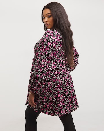 Black Floral Supersoft Jersey Frill Detail Smock Dress