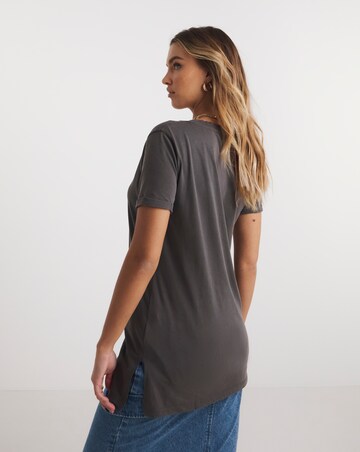 Acid Wash Longline Tunic Side Split V Neck T-Shirt