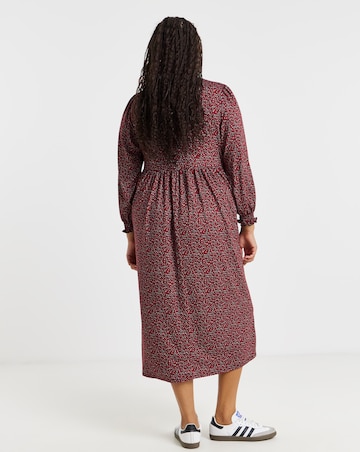 Red Ditsy Print Supersoft Midi Dress With Shirred Cuff