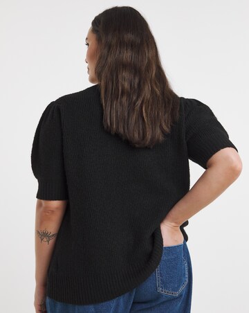 Simply Snug Black/Ivory Puff Sleeve Bow Applique Knitted Top