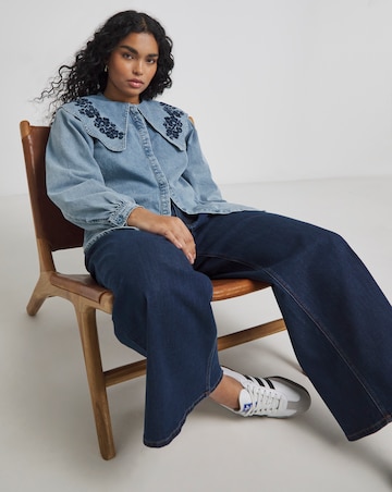 Mid Wash Puff Sleeve Denim Blouse with Embroidered Collar