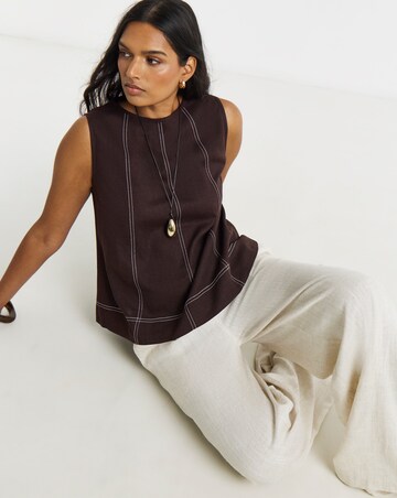 Chocolate Linen Shell Top with Topstitch Detail