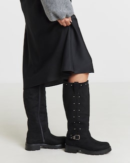 Zoey Studded Knee High Biker Boots - Wide Fit (E) &amp; Curvy Calf