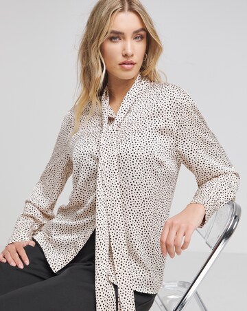 Flounce London Off White Black Spot Satin Tie Neck Blouse