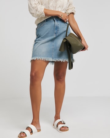 Light Wash Frayed Hem Denim Mini Skirt