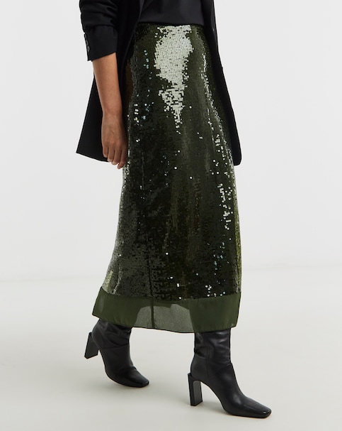 Green Sequin Column Skirt