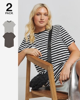 Stripe & Charcoal Marl 2 Pack Curved Hem Longline T-Shirt