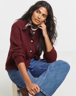 Cosy Yarn Wine Crew Neck Ribbed Cardigan
