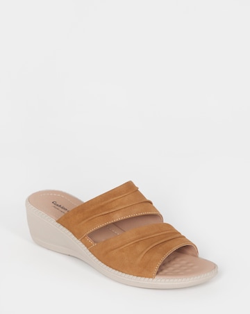 Cushion Walk Tan Ruched Wedge Mules - Wide Fit (E)