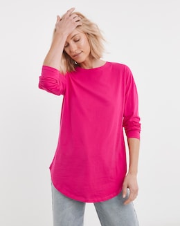Pure Cotton Pink Long Sleeve Longline Curved Hem Top