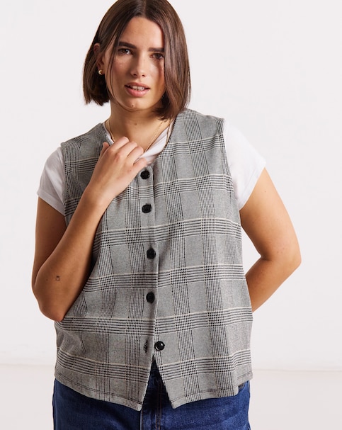 Black & White Check Print Button Through Jersey Waistcoat