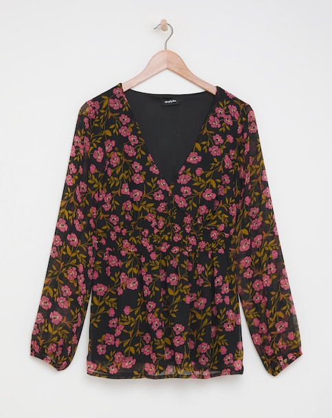 Black Floral Print V Neck Shirred Waist Long Sleeve Blouse