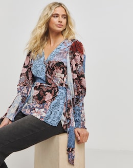 Multi Print Wrap Top with Shirred Cuff