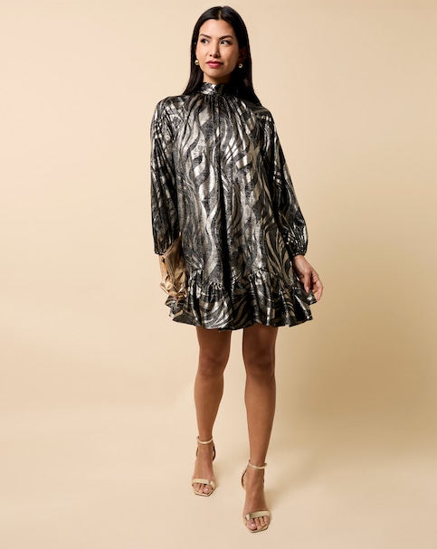 Little Mistress Black and Gold Foil Print Mini Dress