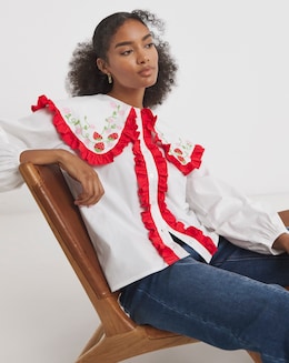 Neon Rose Embroidered Cotton Poplin Blouse with Strawberry Embroidery