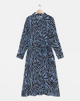 Blue Animal Long Sleeve Button Through Shirt Dress