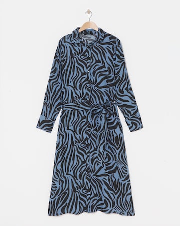 Blue Animal Long Sleeve Button Through Shirt Dress