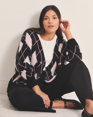 Sequin Heart Fluffy Argyle Boyfriend Cardigan
