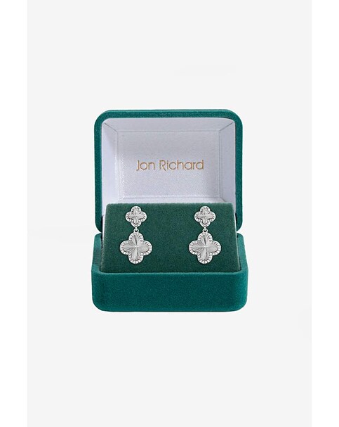 Jon Richard Rhodium Plated and Diamond Clover Double Drop Earrings - Gift Box